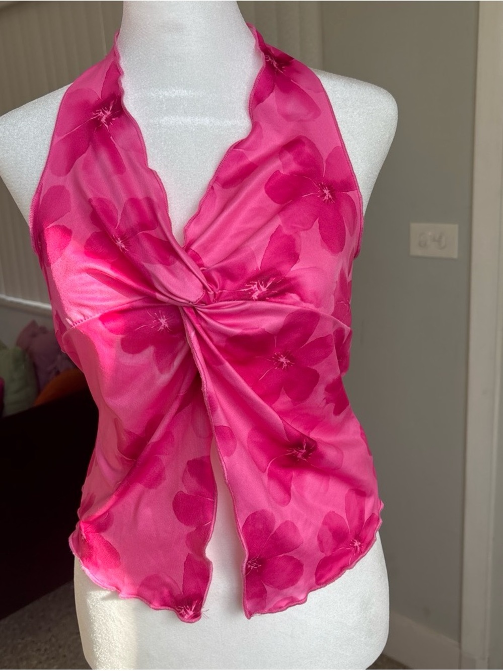SHEIN Hot Pink Floral Halter Wrap Scarf Top